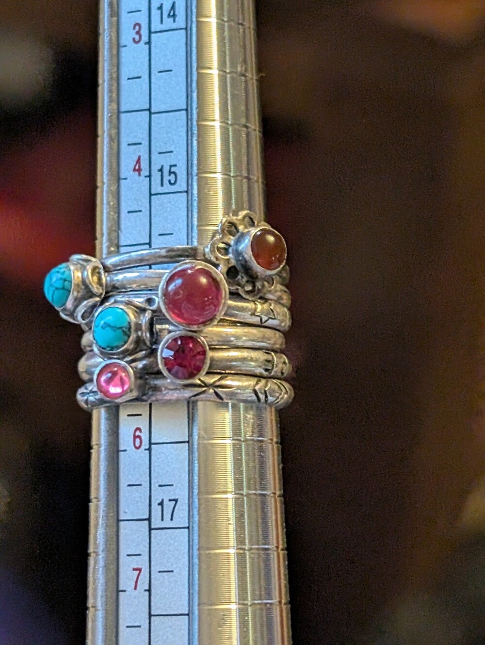 Stackable Silver Rings Set (6)with Turquoise and Red Stones - Picture 7 of 15